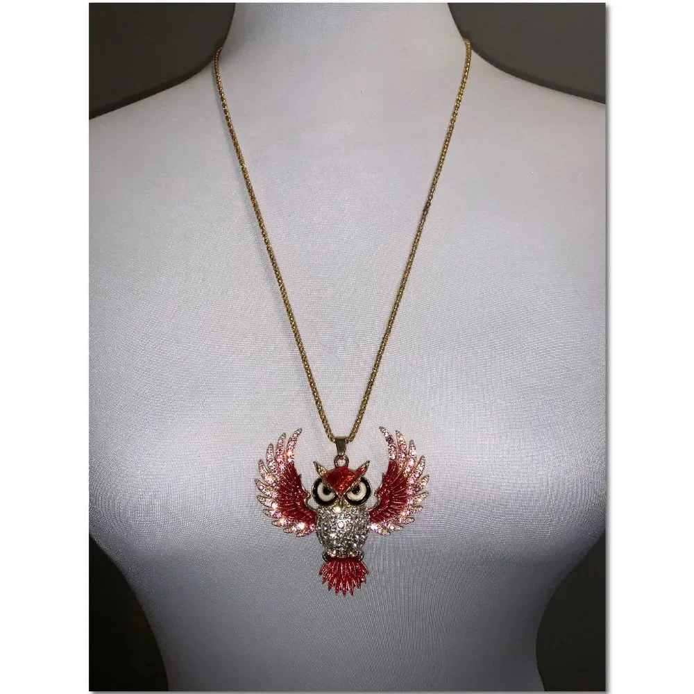 Betsey Johnson Sparkly Open Winged Crystal Owl Pendant Statement Necklace EUC - Picture 4 of 6